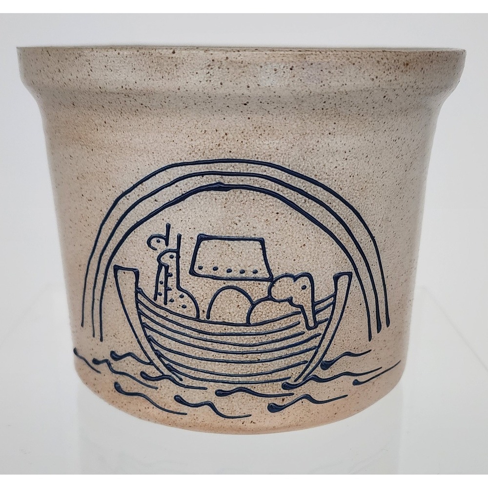 Eldreth Noahs Ark Stoneware Crock Planter Tan Blue Excellent 1992 Signed 4.5in